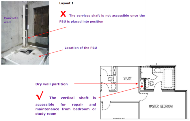 figure 1- sample layouts with different positions of vertical soil stack (or vertical shaft)