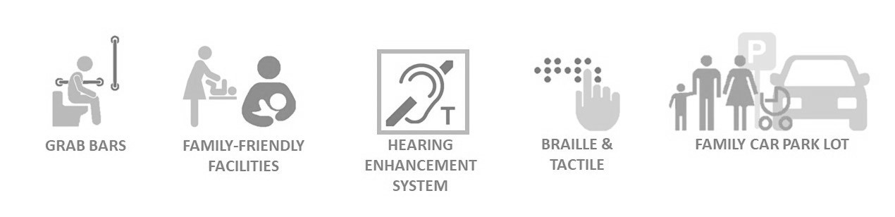 Icons of Universal Design Features such as grab bar intoilet, family-friendly facilities, hearing enhancement system, braille and tactile and family carpark lot